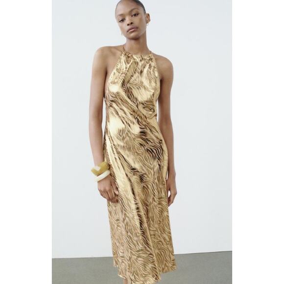 Zara Tiger Print Metallic Gold Midi Dress with Open Back Halter Top Size Small - Picture 4 of 11